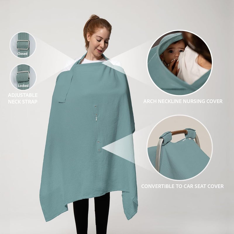 Nilsa 5-in-1 Muslin Nursing Cover up for Breastfeeding & Baby Car Seat Cover - Breathable Breastfeeding Cover With Rigid Hoop - 100% Cotton Privacy Apron Breast Feeding Covers For Women (Mint green) - Image 4